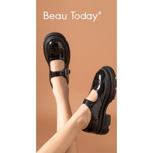 BeauToday Lolita Shoes Patent Leather Women Mary Janes Brogue Round Toe Buckle Straps Ladies Low Heel Flats Handmade 28403