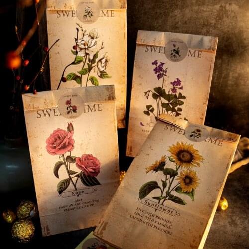 12Sets Vintage Rose Sunflower Kraft Paper Bags Gardenia Stand Up Packaging Bag Wedding Party Favor Bag Gift Wrapping Supplies