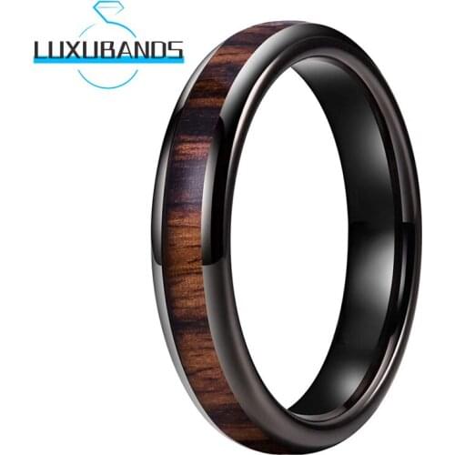 4MM Tungsten Wedding Rings For Womens Real Wood Inlay Engagement Bands Black Polished Finished Comfort Fit