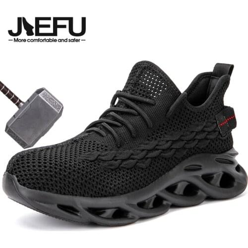 JIEFU Steel Toe Safety Shoes for Men Women Lightweight Breathable Work Sneakers Non-Slip Construction Black Footwear