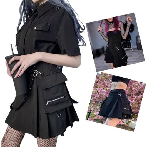 Y2K Womens Summer Gothic Hip Hop Punk Mini Skirts Cool Girls High Waist Black Half Dress with Belt Pocket Decoration