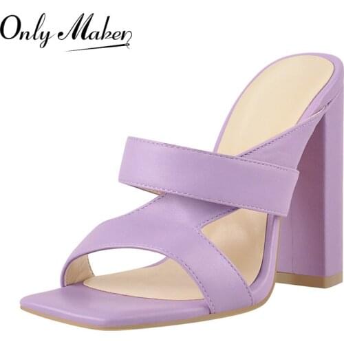 Onlymaker Summer Slip-On Sandals For Women Matte Purple Square Toe Narrow Band Chunky High Heel Slippers Comfortable Large Size