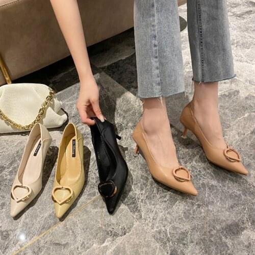 Luxury Heart metal buckle woman pumps mary janes sandalias shallow talons hauts pointed toe stiletto high heels shoes women 2021