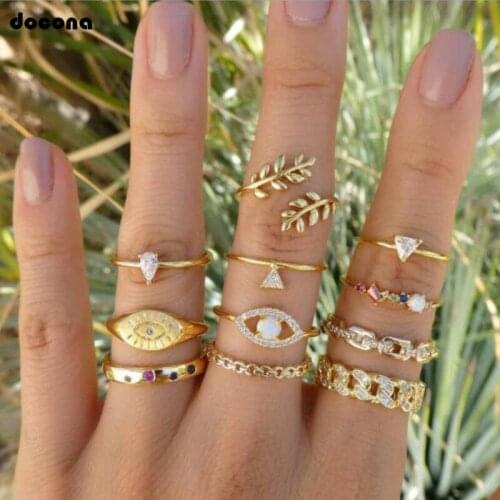 Docona Colorful Crystal Leaf Eye Rings for Women Girl Geometric Knuckle Midi Finger Ring Set Fashion Boho Jewelry Anillos B05304
