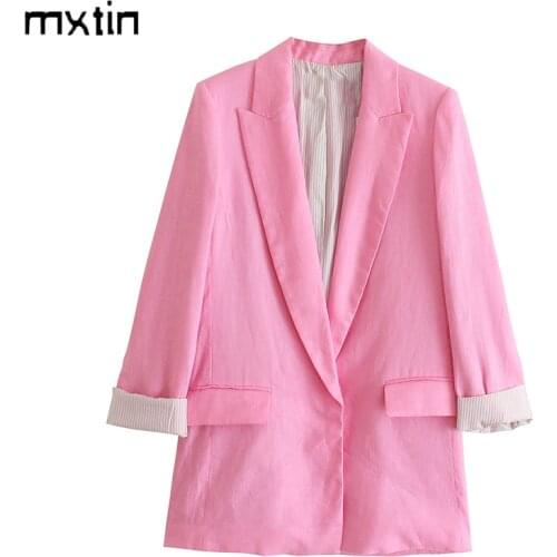 MXTIN 2021 Women Autumn Fashion Solid Blazers Coat Vintage Lapel Collar Pocket Printed Cuffs Office Lady Female Blazer Coat