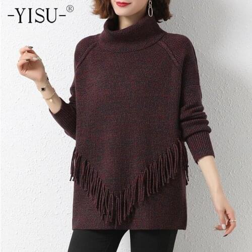YISU Winter Women Sweater Solid color Fringed edge Half turtleneck Jumper Fashion Knitted pullover Long section Winter tops