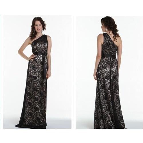 Free shipping formal gown elegant 2018 new design vestido de festa long black one shoulder bow sashes lace bridesmaid dresses