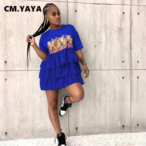 CM.YAYA Women Kiss Letter O-neck Short Sleeve Fringed Dress Summer Streetwear Bohemian Cascading Ruffles Big Swing Mini Dresses