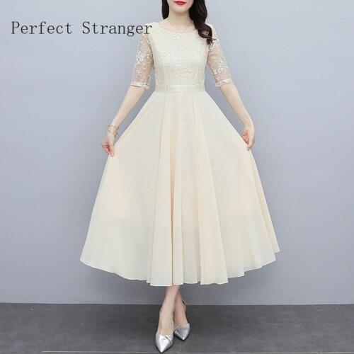 Elegant M-5XL Round Collar Half Sleeve Lace Chiffon Gauze Collect Waist Long Women Formal Dress High Quality