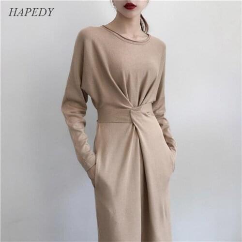 HAPEDY 2020 Spring Womens Knitted Dress Medium Length Long Sleeve And A Slit With A High Waist Lace-up Womens New Year Dress