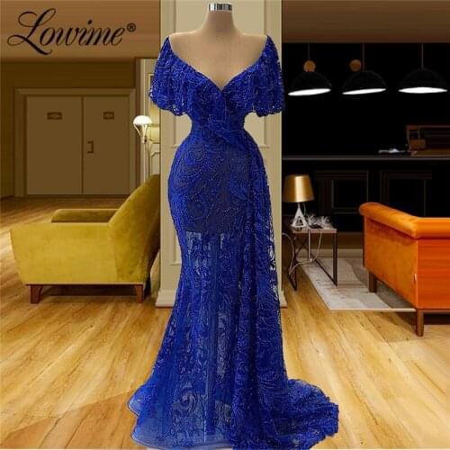 Royal Blue Mermaid Dubai Arabic Evening Dress 2020 Elegant V Neck Beaded Celebrity Prom Dresses For Girls Party Gowns Vestidos