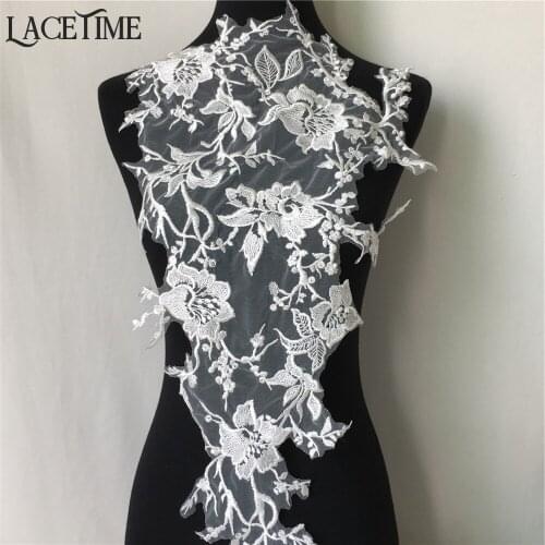 1 Piece 64cm*30cm Embroidery Rose Lace Applique In Ivory White Sewing Trim Wedding Decoration Dress DIY Lace Accessories