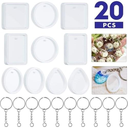 20Pcs/Set Crystal Epoxy Resin Mold Keychain Pendant Casting Silicone Mould Kit with Keyrings DIY Art Crafts Jewelry Making 1XCA