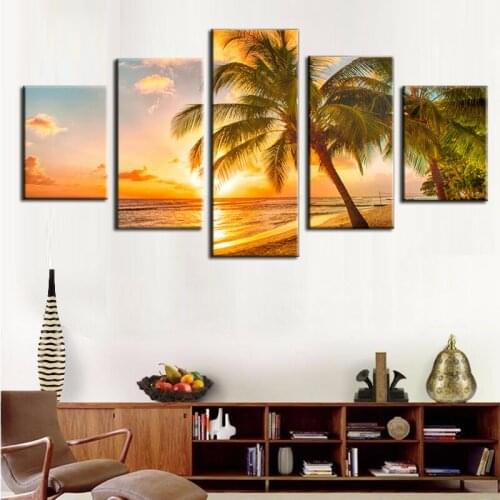5 Piece Canvas Wall Art Custom Tropical Beach Palm tree sunset painting Canvas Print for Home Living Room Office Decor Drop ship