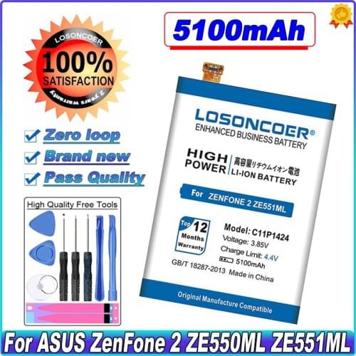 LOSONCOER 5100mAh C11P1424 Battery For Asus Zenfone 2 ZE551ML ZE550ML 5.5 Inch Z00AD Z00ADB Z00A Z008D Battery