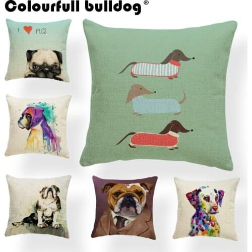 Watercolor Cushion Animal Pillow Covers Pugs Dog Party Home Dachshund Pillowslip Covers Donuts Green Red 17.7Inch Linen Modern