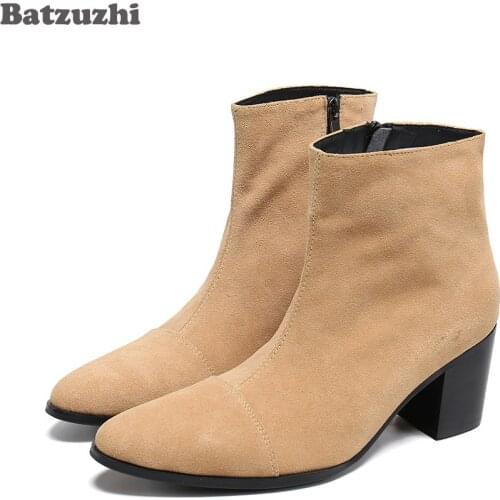 Batzuzhi 7.5cm High Heel Men Boots Pointed Toe Lxuxury Handmade Suede Leather Ankle Boots Men Botas Hombre Motorcyce/Party Wear