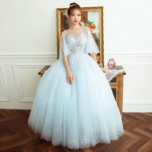 Freeship light ice blue/grey embroidery beading fairy queen collar long dress medieval Renaissance Victoria ball gown