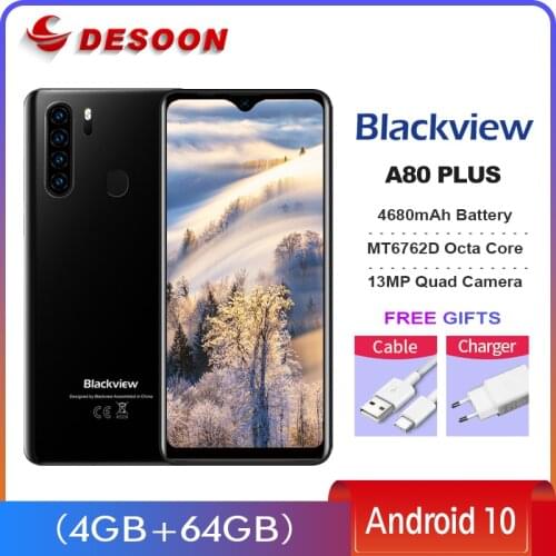 Blackview A80 Plus NFC 4GB+64GB Android 10.0 MT6762D Octa Core 6.49inch 4680mAh Smartphone 13MP Quad Camera 4G Mobile Phone
