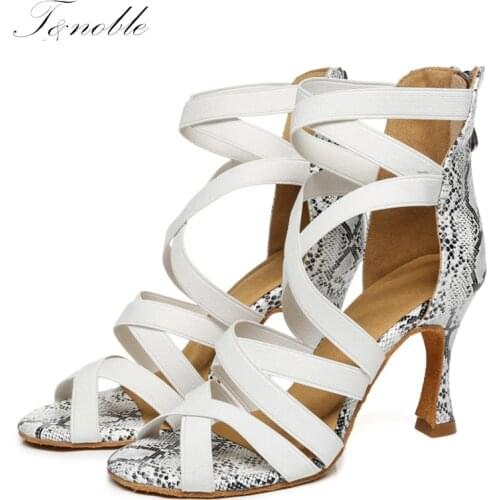 Hot White Latin Dance Shoes Women Girls Ballroom Stylish Sandals Zipper Tango Salsa Boots Soft High Heels With Elastic BandsL442
