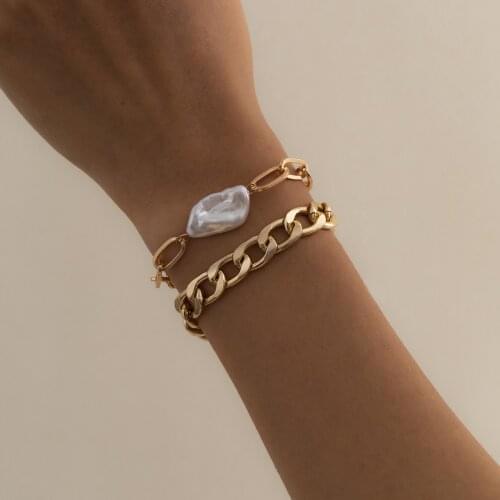 2pcs/set Imitation Pearl Bracelet Thick Miami Curb Cuban Pendant Bracelets Bangles Punk Metal Twisted Rope Chain Jewelry