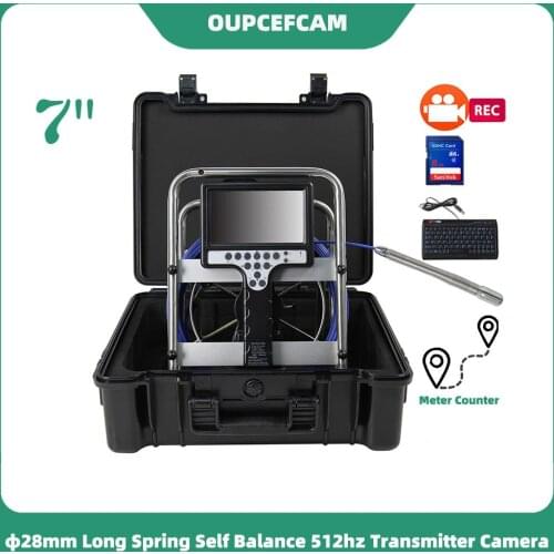 Φ28mm Long Spring Self Balance 512hz Camera Drain Sewer Pipe Inspection Endoscope 7" Screen DVR Keyboard Meter Counter 5mm Cable