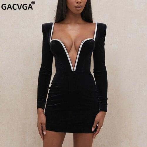 GACVGA 2021 Diamond Velvet Dress Women Black Long Sleeve Deep V-Neck Party Mini Dresses Spring Autumn Bodycon Club Night Vestido