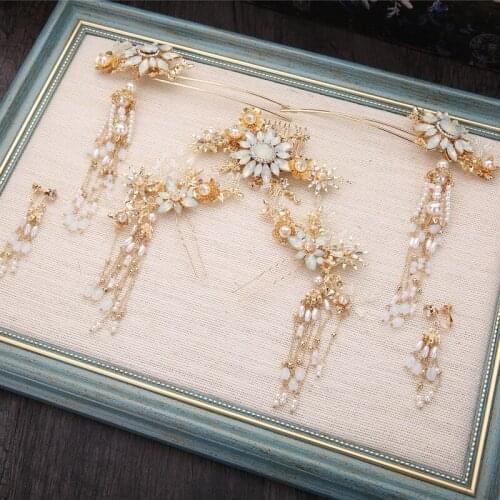 Chinese pearl hair stick combs suit Golden Crystal Brides hair jewelry wedding hair accessories