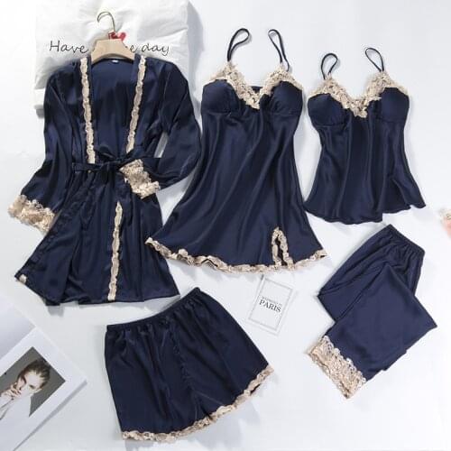 5PCS Robe Suit Kimono Bathrobe Gown Satin Sleepwear Women Pajamas Sets Silky Pyjamas Sexy Lace Nightwear Intimate Lingerie