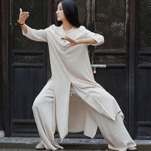 2pcs Set Traditional Chinese Women Kung Fu Uniform Tang Suit Tai Chi Female Oriental Hanfu Cotton Linen Robe Wide Leg Pants Set