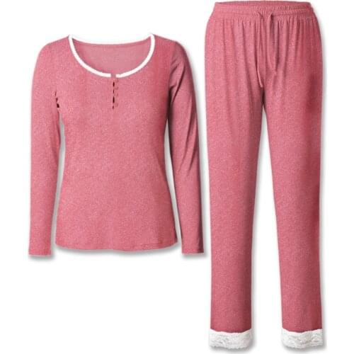 Neatie Kiddie Solid Women Pajamas Set Home Lounge SetS Soft Clothes Long Sleeve Top Full-length Pants Sleep Nightwear Pajamas