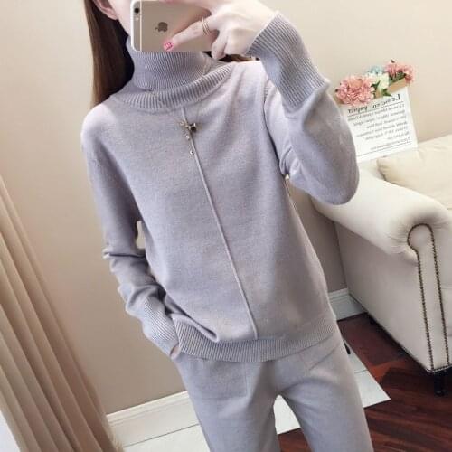 Suit Womens Autumn and Winter New High-neck Sweater Two-piece Knit Sweater High Stretch Thick Fashion Casual Suit Sweater