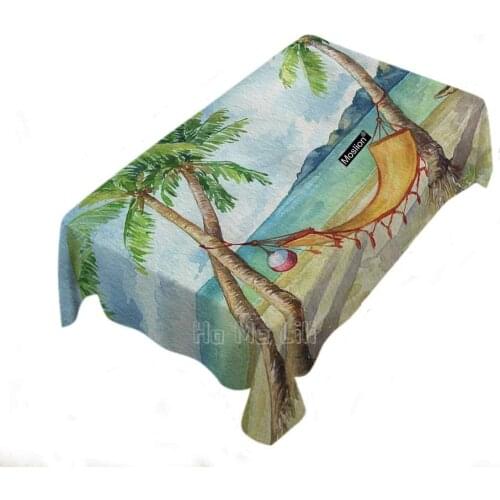 Summer Beach Outdoor Coastal Sea Theme Palm Trees Hammocks Ball Boat Mountain Rectangle Table Cloths