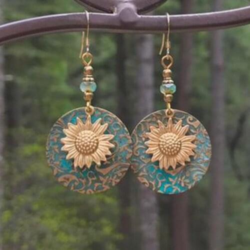 New Retro Double Sunflower Earrings Delicate Decorative Bohemian Color Separation Fashion Earrings