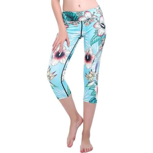 New Arrival Women Blue Flower Yoga Capris Pants Girls Summer Sports Rose Printing Gym Bodybuilding Fitness Pants