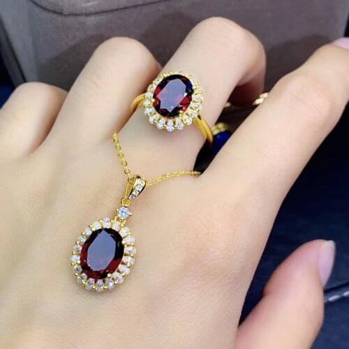 Engagement Best Gift Natural real red garnet luxury style jewelry set 1pc ring 1pc Pandant 925 sterling silver