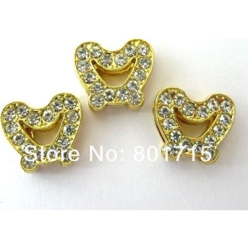 Butterfly Wholesale 100pcs gold zinc alloy rhinestone Internal Dia.10mm slide Charms can through 10mm Belt Pet Collar Wristband
