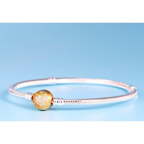 Original Rose & Gold Crystal Love Heart Clasp Snake Chain Bracelet Bangle Fit 925 Sterling Silver Bead Charm DIY Fine Jewelry