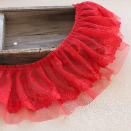 Romantic Red Embroidered Mesh Pleated Lace Fabric DIY Children Group Doll Collar Skirt Hem Decoration Festive Dress Accessories