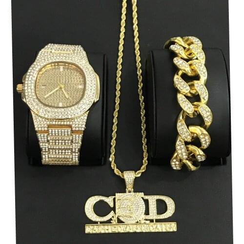 Luxury Men Watch Hip Hop Jewelry Watch & Bracelet & Necklace Combo Set Pendant Ice Out Cuban Bracelet CASHED OUT DAYLY For Men