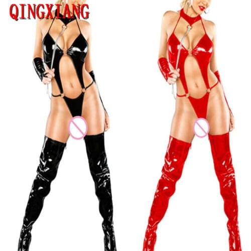 Sexy Lingerie Faux Leather Red Black Collar Bra Set Underwear Black Party Costume Erotic Dancewear Bodysuit Not Include Shoes