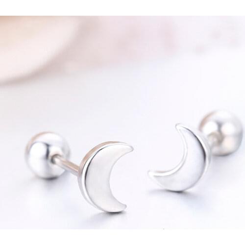 Cute 925 Sterling Silver Crescent Moon Screw Back Stud Earrings For Women Kids Girls Piercing Jewelry Oorbellen Aros Orecchini