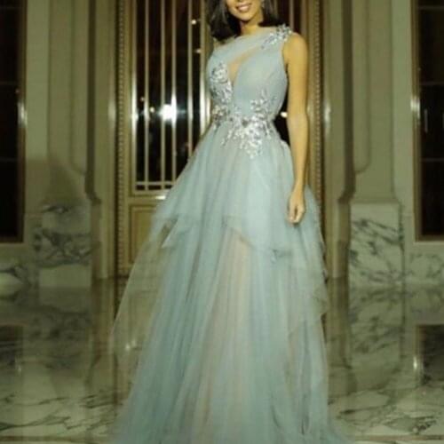Blue prom dresses 2020 keyhole lace appliques beading sequins sheer a line long evening dresses gowns