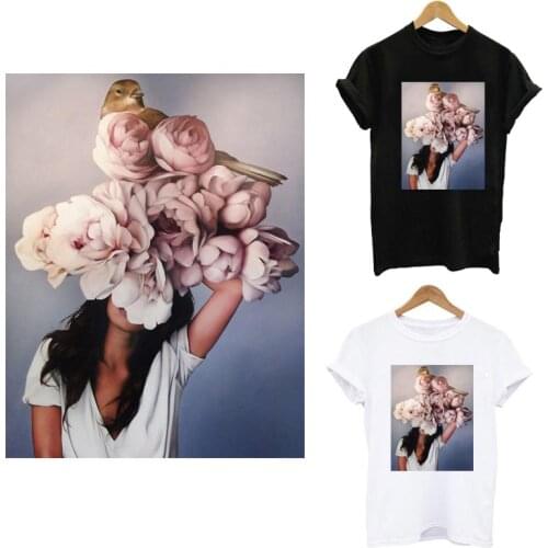 Flower Aesthetic Girl Iron-on Transfer For Clothing DIY Print-on T-shirt Applique Thermal Sticker Clothes Patches Bird Accessory