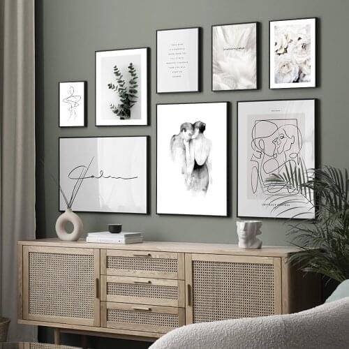 Nordic Vintage Poster Lover Kiss Line Body Drawing Wall Art Print Canvas Painting Leaf Wall Picture For Living Couple Room Decor