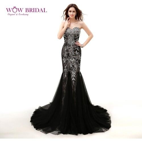 Wowbridal Sexy Black Evening Dress 2021 Sweetheart Strapless Crystal Embroidered Sequin Beaded Open Back Chiffon Mermaid Dress