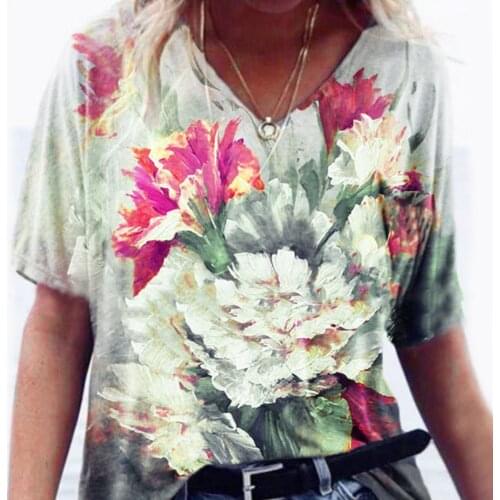 Vintage Womens Summer Tshirt Colorful Flowers Short-sleeved Top Printed T-shirt V Neck T-shirt Female Oversized T Shirt @40