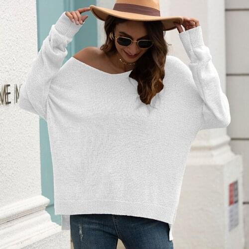 Female casual sweaters white and grey 2 color v-neck sexy loose knitted pullovers basic tops for ladies autumn winter clothes