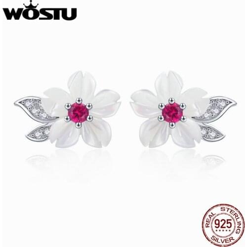 WOSTU White Shell Flower Stud Earrings 925 Sterling Silver Clear CZ Elegance Small Earrings For Women Delicate Jewelry CTE055
