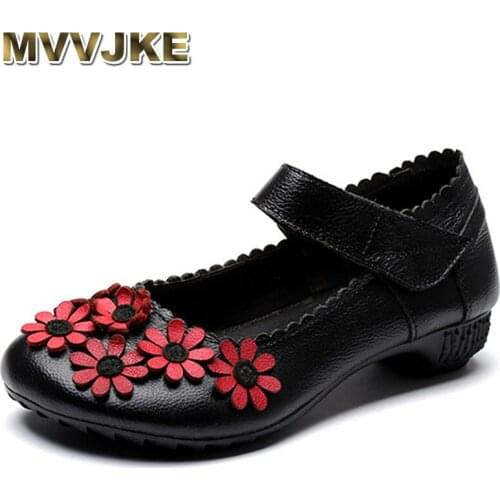 MVVJKE Summer Women Genuine Leather Shoes Ladies Shallow Low Heels Pumps Flowers Casual Womens Shoes Female Zapatos Mujer E206